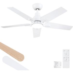 42 Inch Ceiling Fans with Lights and Remote, White Ceiling Fan, 5 Blade Modern Ceiling Fan for Bedroom, Living Room, Dining Room, Patio, Dimmable 6 Speeds DC Quiet