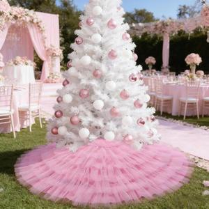 Pastel Pink Tulle Valentine's Day Tree Skirt 48 Inch, Large Ruffle Christmas Tree Skirt for 7.5 FT Trees, 6-Layer Elegant Wedding Baby Shower Tree Mat, Pink Coquette Preppy Room Decorations