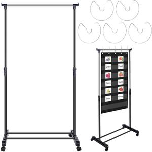 Fuyoooo Adjustable Pocket Chart Stand Stainless Steel Expandable Chart Stand with Casters Rolling Anchor Holder with 5 Rings for Classroom Home Educational Tools, Adjustable to 63 Inch(Black), 74 to 80 Inches