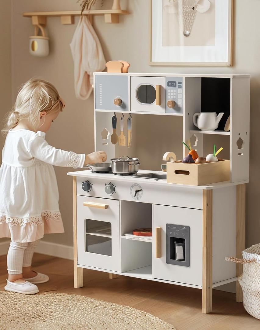 ROBOTIME Play Kitchen for Kids, Wooden Kids Play Kitchen Playset with Cutting Toy Food Set, Toaster and Toddler Gardening Sets- Toddlers Play Kitchen Gifts for Boys and Girls Ages 3+, 38.5 X 5.31 X 18.7 Inches
