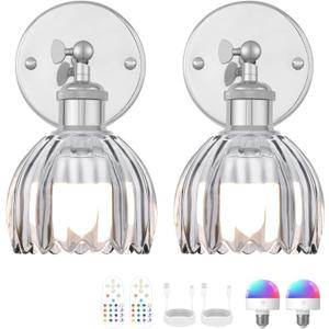 Vintage Battery Operated Wall Sconce, Smoky Gray Tulip Glass Lampshade Wireless Rechargeable Battery Powered LED Wall Light with Remote Dimmable for Bedside Bedroom Living Room, Silver, Set of 2