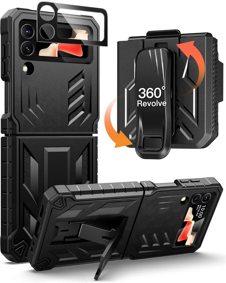 FNTCASE for Samsung Galaxy Z-Flip4 Case: Military Grade Protection Shockproof Cell Phone Case with Kickstand & Holster | Protective Drop Proof Rugged Cover for Galaxy Z Flip 4 5G Black