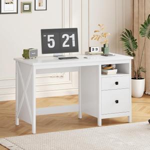 BHG Farmhouse 47" Executive Desk,Modern White Computer Desk with Storage Drawers for Home Office, Makeup Vanity Desk Dressing Table for Bedroom,Filing Cabinet Writing Table PC Desks for Study