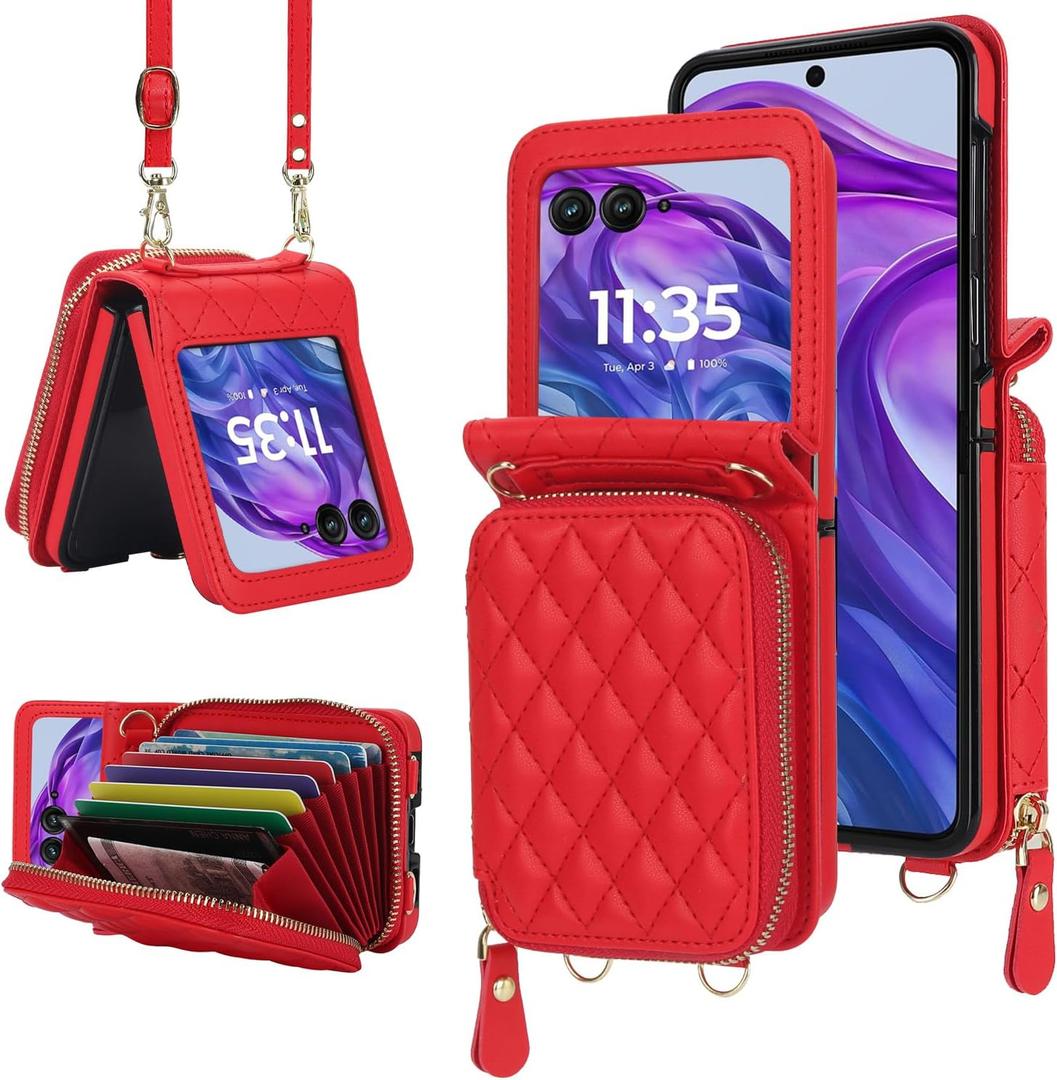 for Motorola Razr 2024 Wallet Case with Crossbody Strap, [RFID Blocking] Large Capacity Card Slot Case Women Girls Premium Leather Zipper Wrist Strap Flip Cover for Motorola Razr 50 2024 Red