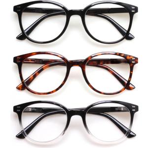 3 Pack Reading Glasses Spring Hinge Stylish Readers Black/Tortoise for Men and Women (3 Mix, +2.0)