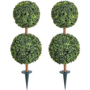 momoplant Artificial Topiary Double Ball Small Trees with Ground Spike 35 Inch Tall for Outdoor/Indoor [2 Pack] 2 Ft Faux Boxwood Plants