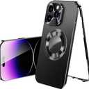 Magnetic Metal Edge Full Body Military Drop Protection for iPhone 15 Pro Max Case,Compatible with MagSafe,Rugged Built-in Privacy Screen Protector Logo View Shockproof Cover,Black