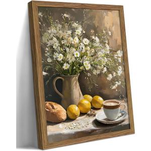 Vintage Framed Lemons Canvas Wall Art, Floral Kitchen Wall Decor, Coffee Paintings Pictures Prints, Rustic Neutral Daisy Canvas Poster Artwork for Living Room Bedroom Kitchen  16x24in