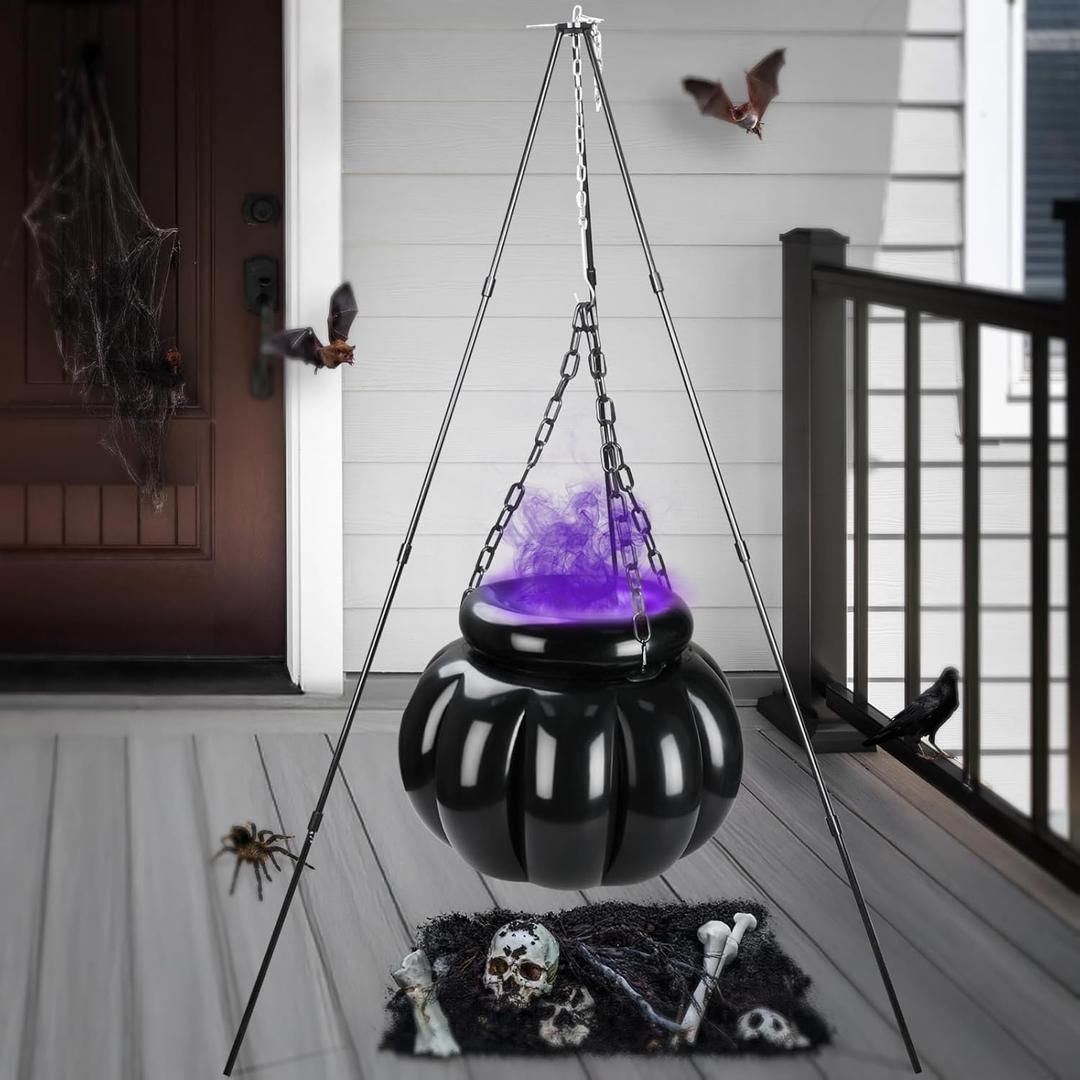 Halloween Decorations Outdoor - Extra Large Inflatable Witches Cauldron on Tripod with LED Mist Maker, Halloween Hocus Pocus Decor Party Black Candy Bowl Bucket Decorations for Home Porch Outside