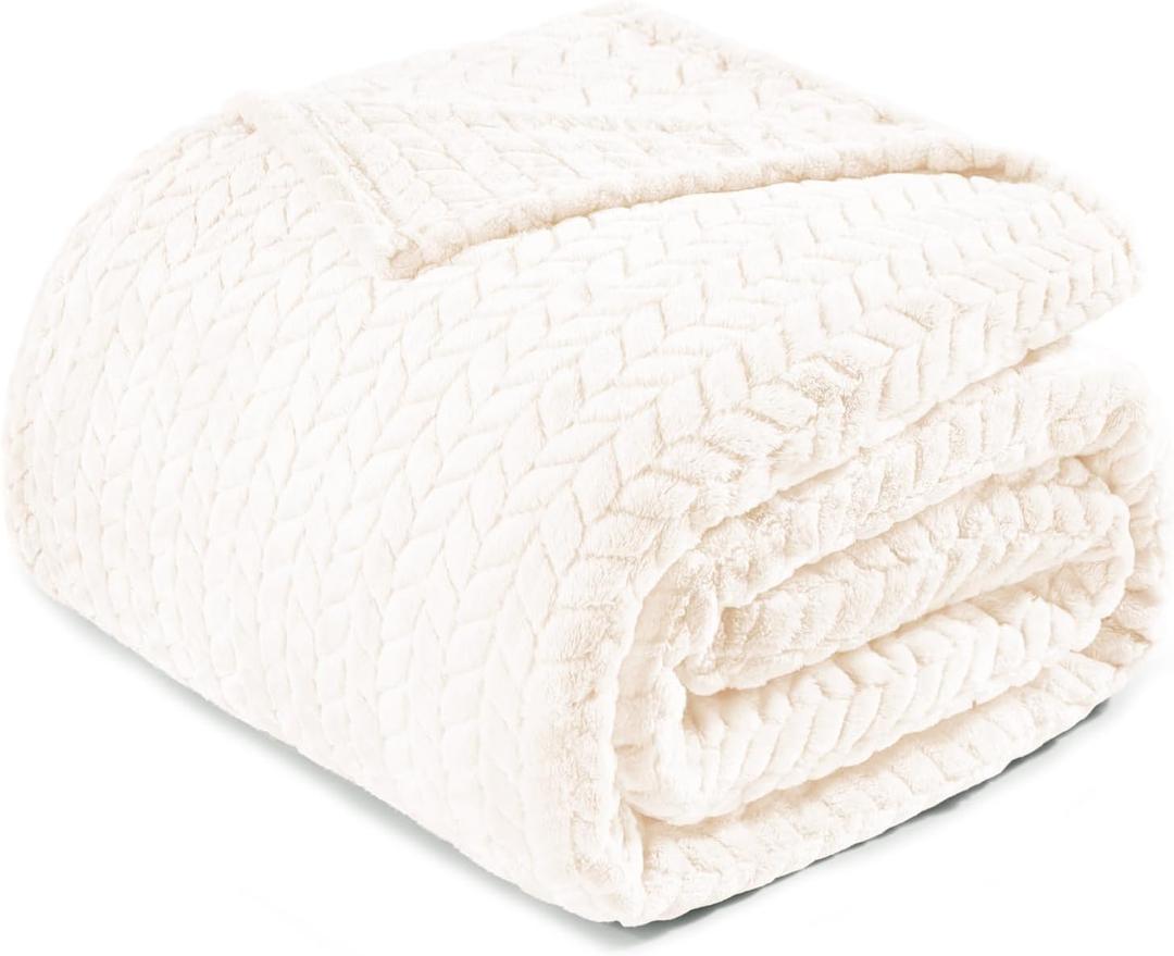 Exclusivo Mezcla Ivory Fleece Twin Size Blanket for Bed, 90x66 Inches Soft Cozy Jacquard Flannel Blankets, Lightweight Fuzzy Plush Warm for All Seasons