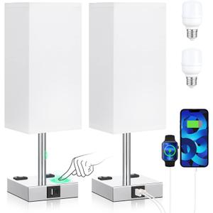 aooshine Set of 2 Touch Nightstand Lamp with USB-C+A Charge Ports& AC Outlets, 3-Way Dimmable Bedside Lamp with White Fabric Shade, Small Table Lamp for Bedroom Guest Room (Bulb Included)