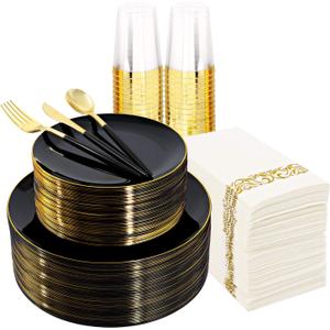Supernal 350pcs Black Plastic Dinnerware Set,Black Plastic Plates with Gold Rim,Black and Gold Plastic Plates,Gold Plastic Silverware,Wedding Party Plates,Plastic Cups with Gold Rim for Christmas