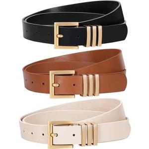 3 Pack Women Leather Belt for Jeans Pants Dresses Fashion Ladies Waist Belts with Gold Buckle (F-black+brown+beige(square Gold Buckle)), Size: for Waist Size 25"-31"