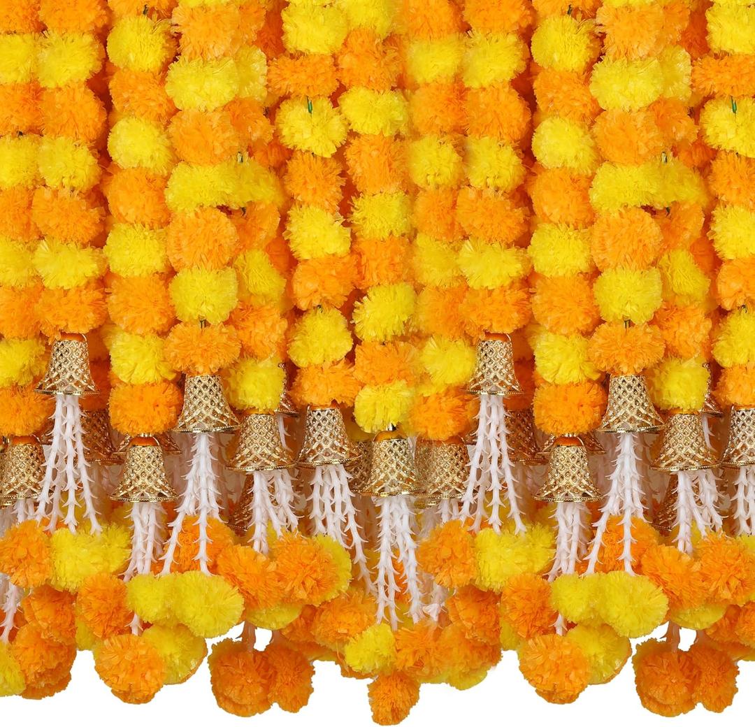 Marubhumi Artificial Marigold Flower Strands Garland for Diwali Decor,5 Feet Long Strands, Garland for Decoration, Diwali Decorations for Home, Christmas Decor Wedding Decor, Yellow & Mango - 5 PCS