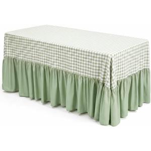 Sage Green Gingham Tablecloth with Ruffle Table Skirt for Seat 8-10, 132 x 90'' Fabric Plaid Checkered Scalloped Tablecover, Rectangle Picnic Party Decor Tablecloth for Wedding, 11.8" x 10.2"