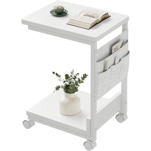 Side Table,C Table with 2-Tier Storage Shelf, End Table with a Storage Bag, Sofa Table with Wheels for Living Room, Bedroom, Office, Bathroom, White