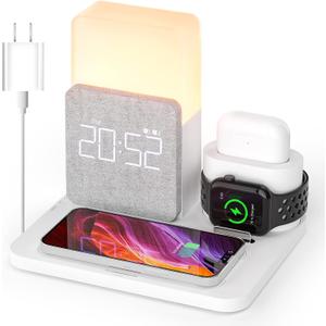 Wireless Charging Station, 7 in 1 Charging Station, Alarm Clock with Wireless Charger, Night Light, iPhone 12/13/14/15/16 Pro/Pro Max13 Mini/13 Pro Max/12 pro, AirPods (White)