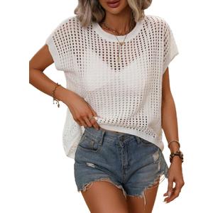 Crochet Tops for Women Spring Summer Shirts Cute Mesh Top Cap Sleeve Cover Up Pullover Sweater Beach Vacation Clothes (White, S)