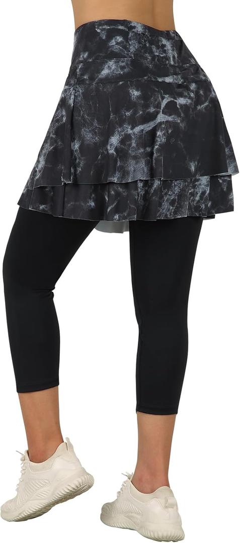 ANIVIVO Skirted Leggings for Women Capri, Athletic Tennis Skirt with Leggings Golf Pickleball Clothes with Pockets (Large, 2-Black Tie-Dye)