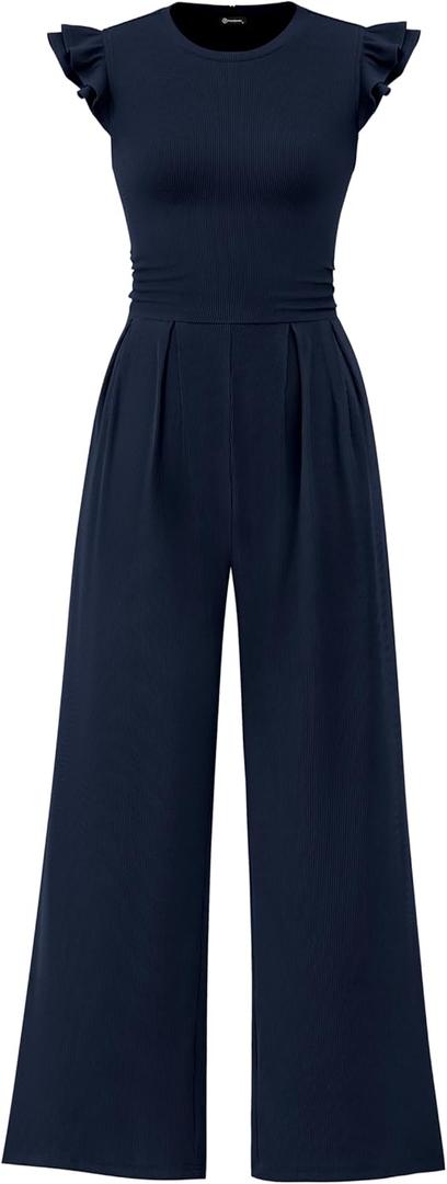 PRETTYGARDEN Summer Jumpsuits for Women Dressy 2025 Fashion Ruffle Cap Sleeve Romper Crew Neck Rib Knit One Piece Outfits (Blue, L)