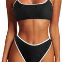 SUUKSESS Women High Waisted 2 Piece Bikini Set Cheeky High Cut Bandeau Swimsuit (Large,  Black White)