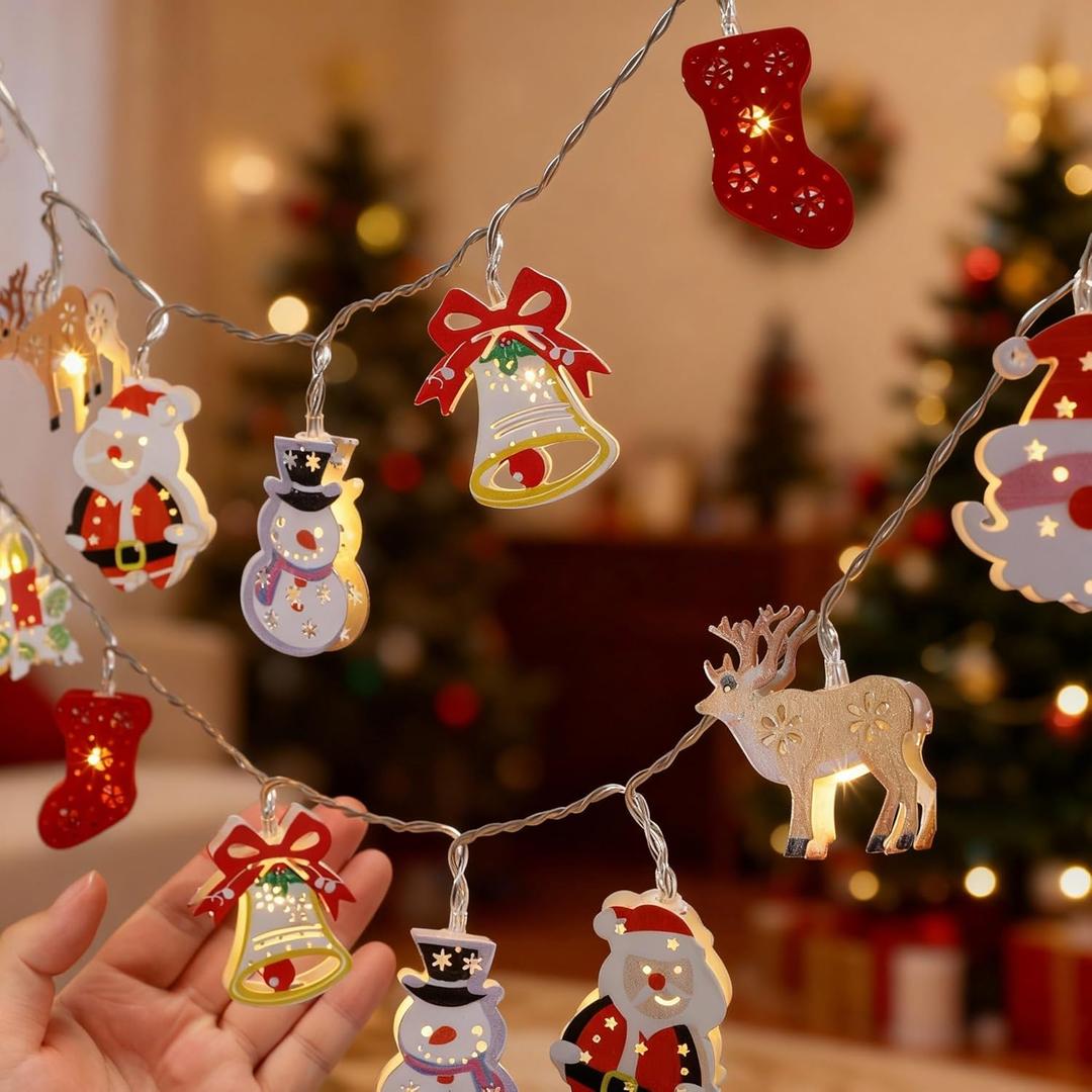 Glooglitter Christmas Lights Decorations, 20 ft 40 LED Warm White Battery Operated Santa Claus Christmas Tree Elk String Lights with Remote Hanging Decors for Xmas Indoor Outdoor Home Winter Decor