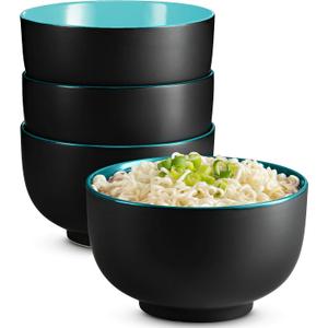 KooK Ramen Bowl, Japanese Bowls, Noodle Bowls, Large Soup Bowl, Ceramic, Large Capacity, For Ramen, Pho, Udon, Soba, Microwave and Dishwasher Safe, 34 oz, Set of 4 (Black/Teal)