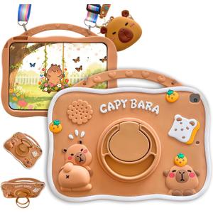 Capybara Kids Case for iPad 9th Gen(2021) / 8th Gen(2020) / 7th Gen(2019) 10.2 Inch,3D Cute Silicone Cartoon Cover for Boys with Rotating Stand, Adjustable Strap, Capybara Zipper Pouch- Beige
