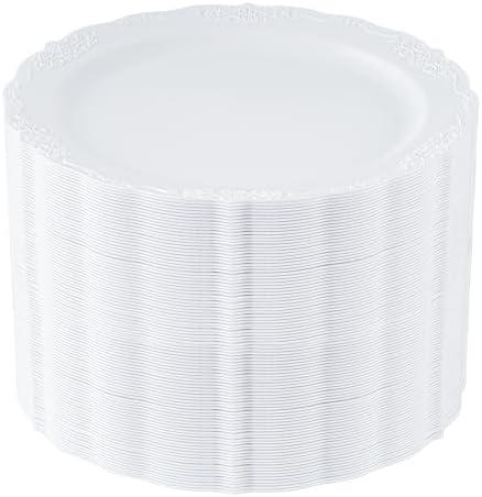 Upassion 100 Pieces White Plastic Plates - 10.25 inch White Dinner Disposable Plates - Premium Hard Disposable Dinner Plates - Party Supplies for Birthdays, Celebrations, Wedding and Events