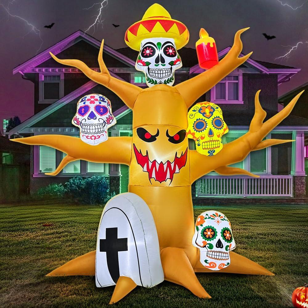 8FT Halloween Inflatable Decorations, Blow up Tree Decorations Day of The Dead Catrina Skulls Dia de Los Muertos, Built-in LEDs for Halloween Party, Garden, Lawn, Yard, Patio Dcor