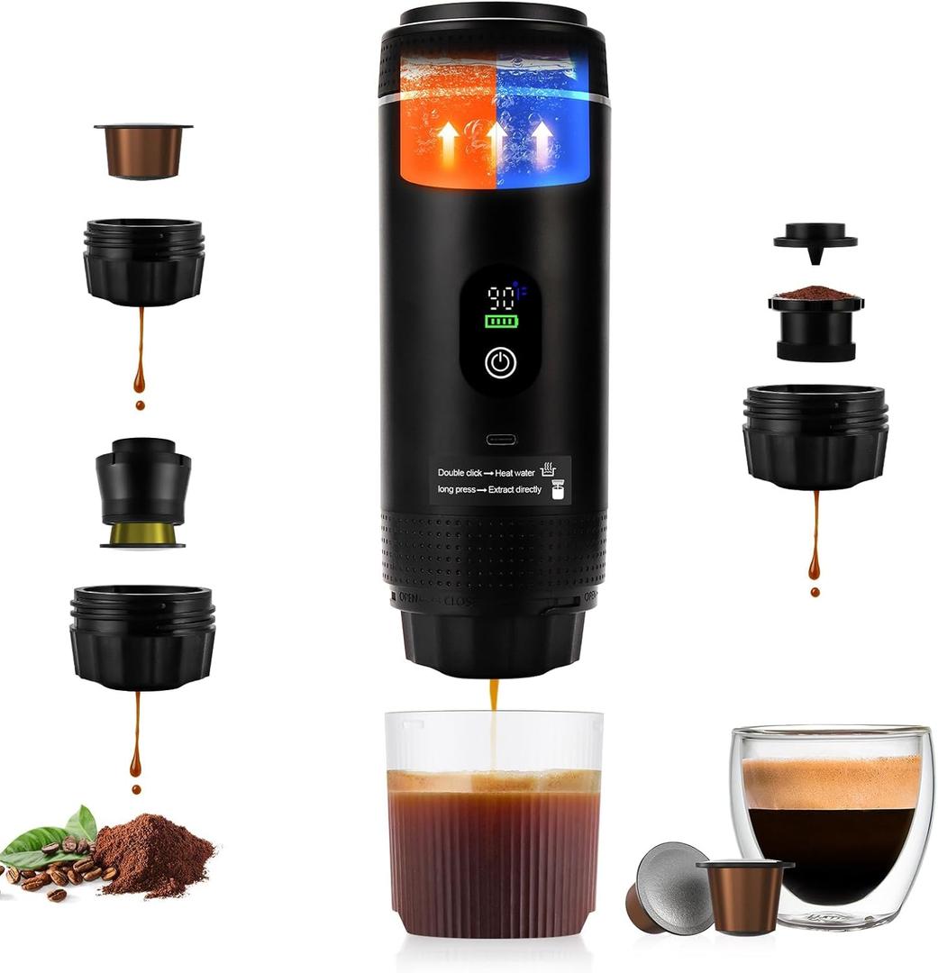 3 in1 Portable Espresso Machine with LED Display,20 Bar Pressure,Real-Time Temp&Battery Indicator,Portable Coffee Maker Compatible with Ground Coffee & Capsules, for Travel,Home & Office