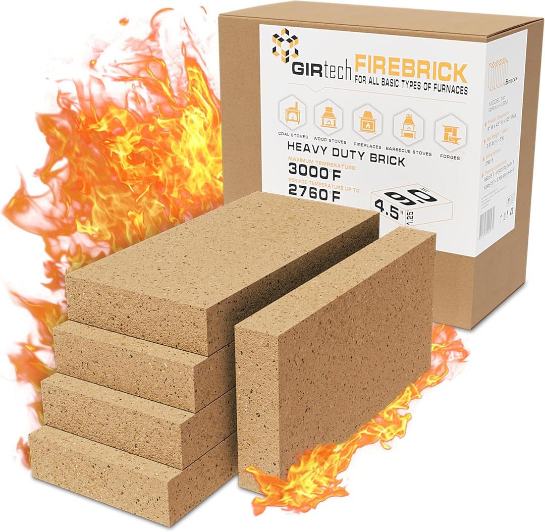 USM-5 Heavy Duty Firebricks 5-Pack Fireclay, Chamotte 3000F US Stove 9" x 4-1/2" x 1-1/4" Insulating, Replacement Fire Bricks for Fireplaces, Wood Stoves, Pizza Ovens, Steel Furnaces, Forge