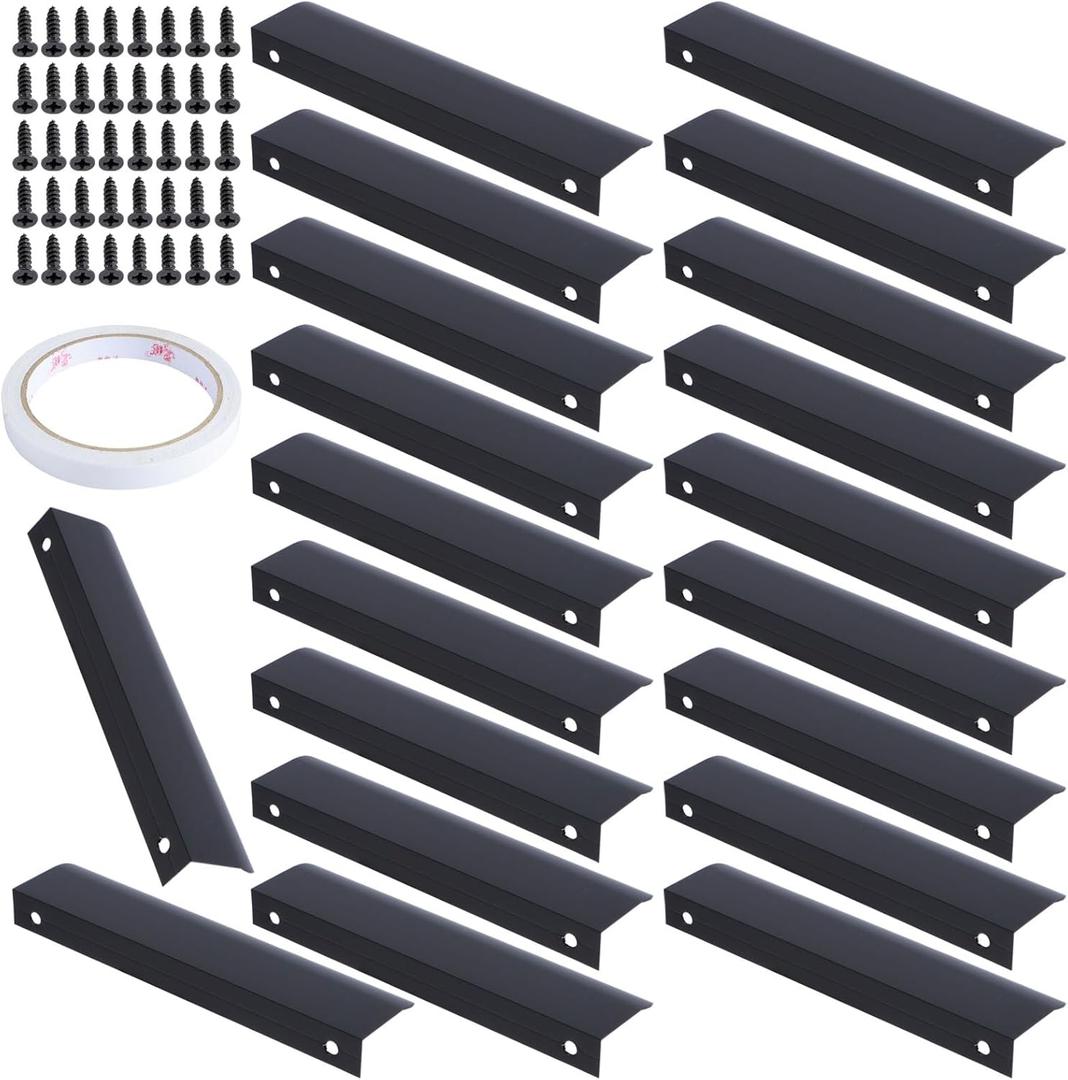 20 Pcs Adhesive Edge Finger Pulls, Adhesive Drawer Pulls Black/Gold Finger Edge Pulls Aviation Aluminum Concealed Handle No Drill Furniture Handles for Home Kitchen Door Drawer Cabinet (Black, 150 mm)