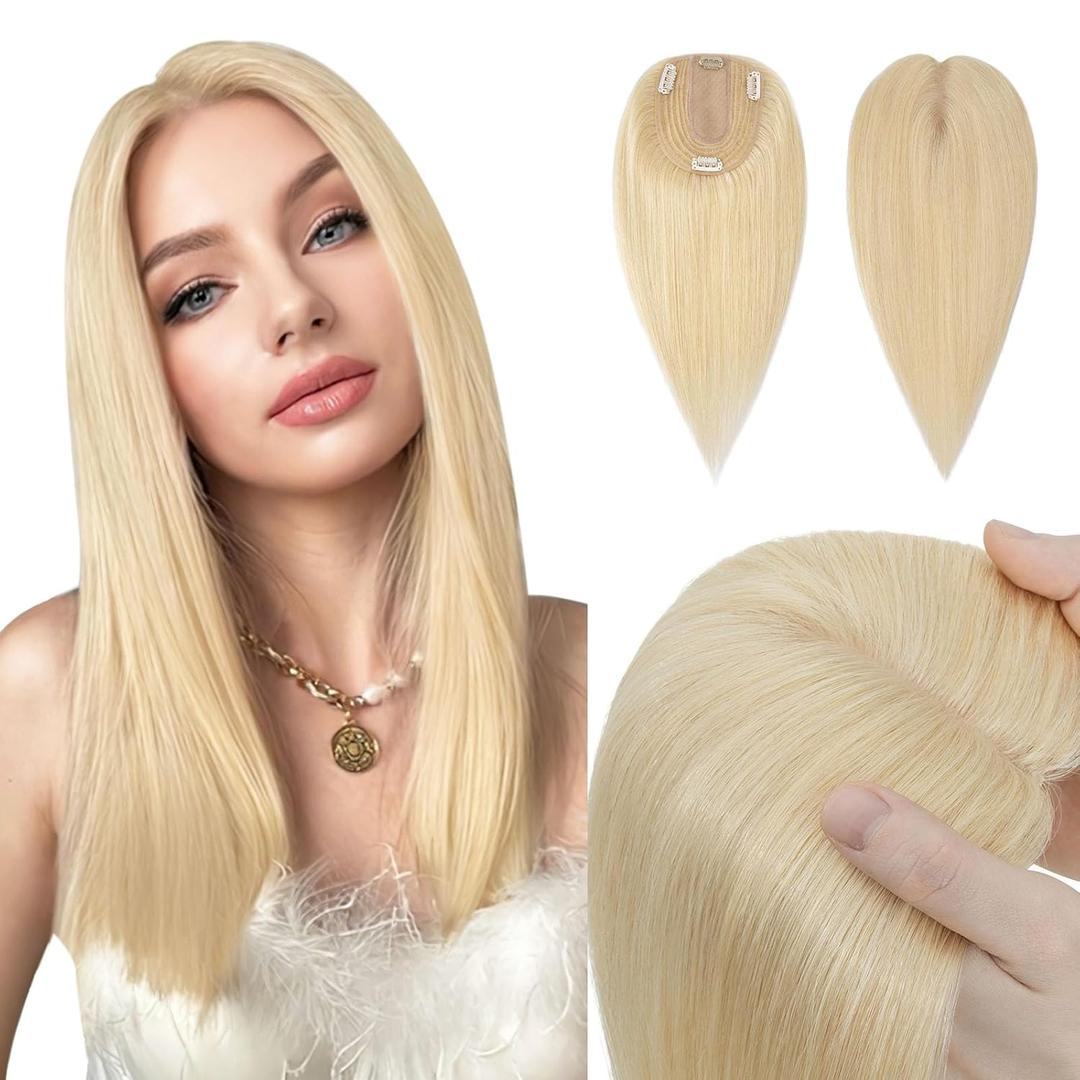 Hairro Human Hair Topper, Clips in 100% Real Hairpieces with 4"x 4.7" Silk Base for Women, for High Hairline/Covering Greyish Thin Hair on Top, 18 Inch Bleach Blonde