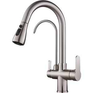3 Way Kitchen Sink Faucet with Drinking Water Faucet, 2 Handle 3 in 1 Pull Down Kitchen Faucet with Water Filter Purifier Faucets (Brushed Nickel)