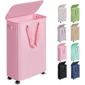 Slim Laundry Hamper with Lid and Wheels, Small Rolling Laundry Basket with Handle for Small Spaces, Tall Dirty Clothes Hampers for Dorm, Bathroom and Bedroom, 55L, Pink