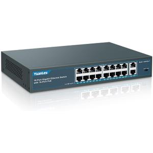 YuanLey 16 Port Gigabit PoE Switch with 2 Gigabit Uplink, 16 PoE+ Port 1000Mbps, 250W 802.3af/at, Metal Desktop/Rackmount, Unmanaged Plug and Play Network Switch