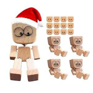 beuhugas 4PCS Shaking Feet Wooden Doll, Tiny Wooden Shaking Man Doll with Spring Legs with 12pcs Magnetic Expressions Funny Cars Ornaments Wood Desktop Decor, Car Dashboard Accessories