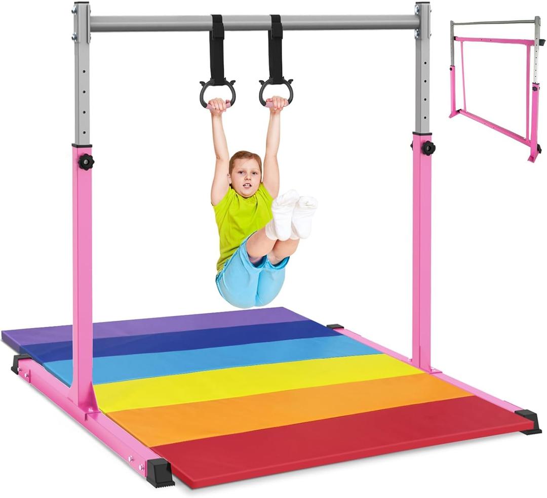 Safly Fun Gymnastics Bar for Kids | Sturdy Steel Home Gym, Adjustable Height with Anti-Slip Base, Easy Assembly (Pink with Mat)
