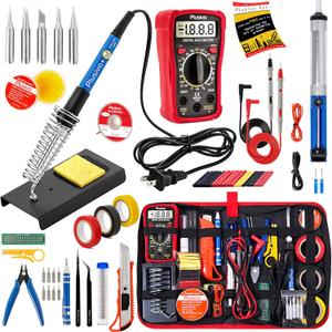 Soldering Iron Kit, 60W Soldering Iron Adjustable Temperature 30-in-1, 5 Solder Tips, Digital Multimeter, Solder Wire, Paste, Desoldering Pump, Tweezers for Electronics Hobby Enthusiast 120V US Plug