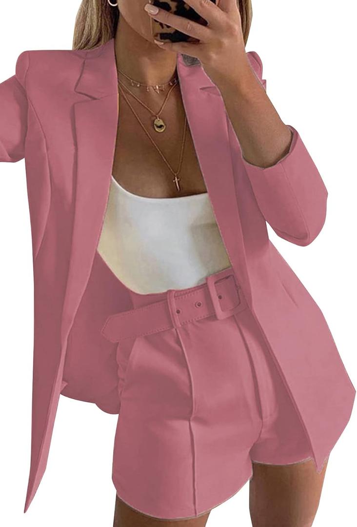 Tcremisa Blazer Shorts Set for Women 2 Piece Long Sleeve Open Front Blazers Short Suits Business Outfits with Belt, XL