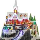 15" Christmas Village Church House - Animated Winter Scene with Turning Skaters, Rotating Carousel, Fiber Optic Lights, and Music for Christmas Home Decor Gift - Adapter Included