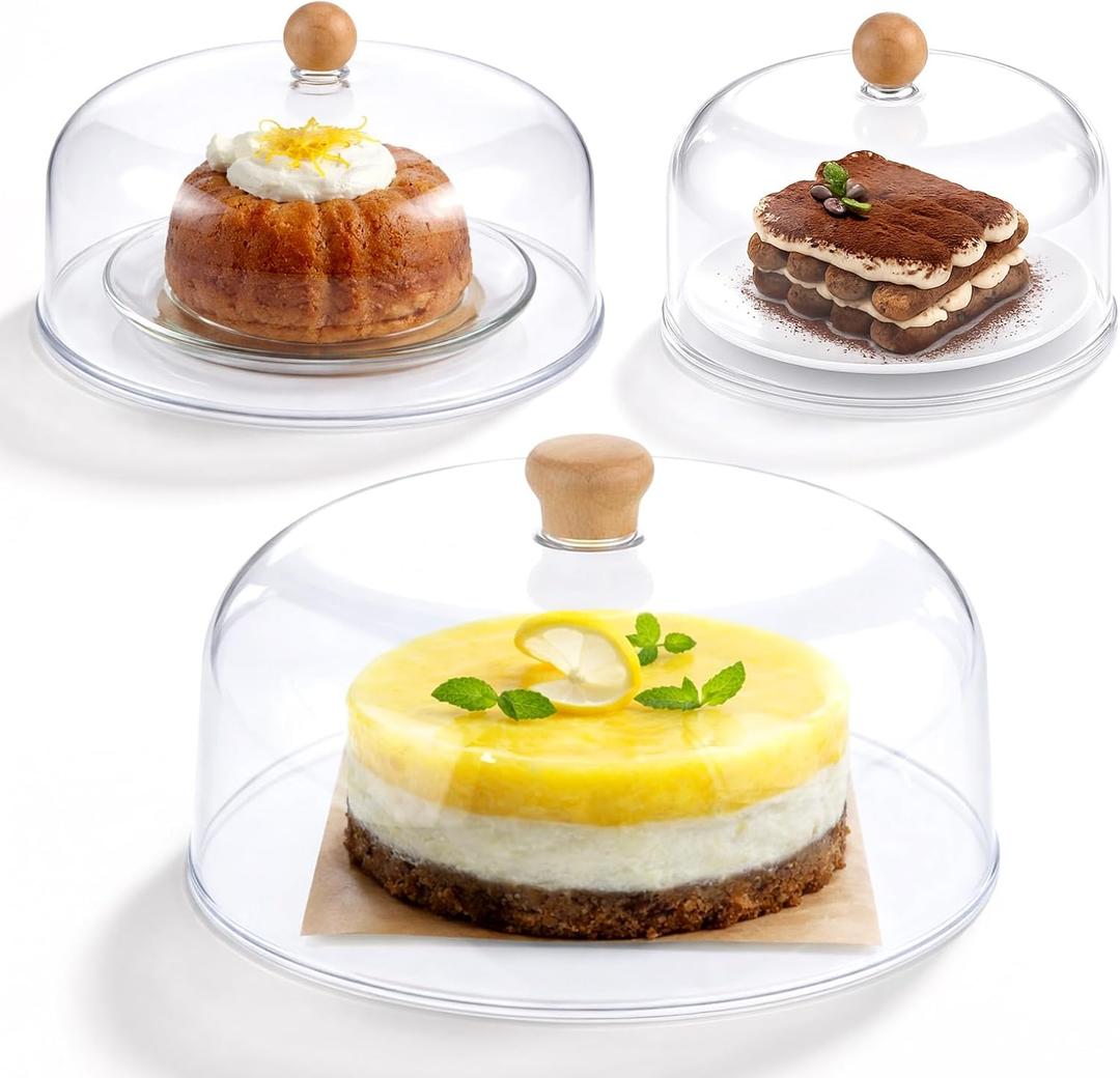 Novabright 3 Pcs Clear Cake Cloche Cake Dome Cover, 7" 9" 11" Plastic Acrylic Cakes Stand Cover with Wood Handle, Round Transparent Cloche Dome Lid for Cupcake Stand Plates Display Serving Platter