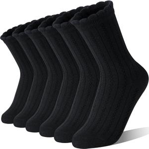 EBMORE Girls Kids Ruffle Socks Uniform School Dress Crew Cotton Textured Breathable Socks 6 Pairs (Black)