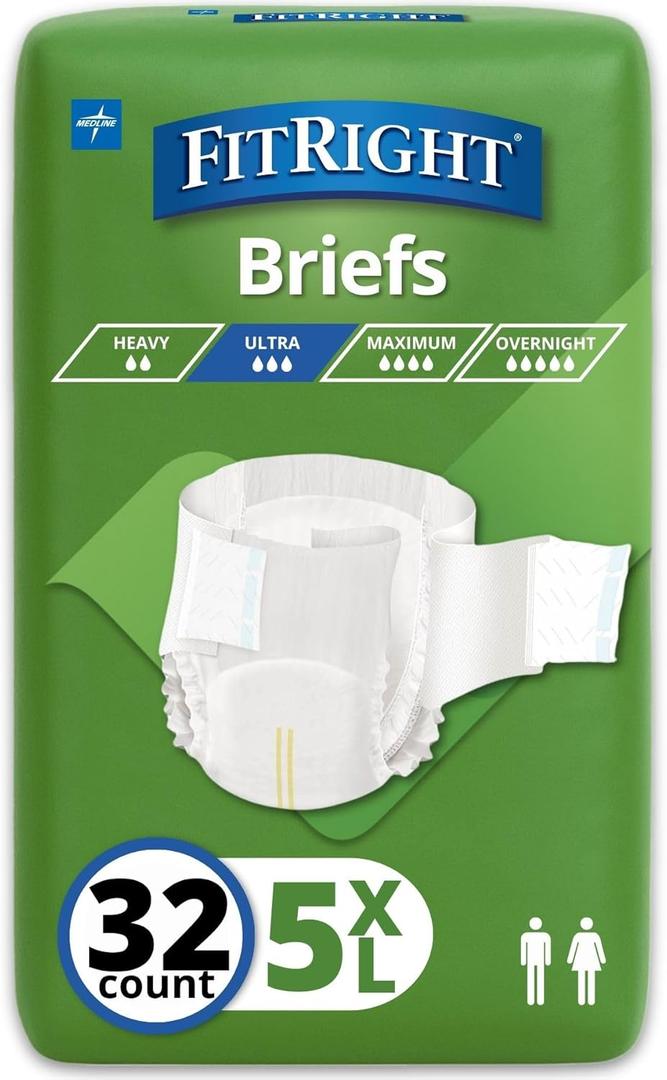 FitRight Bariatric Adult Diapers, Ultra Heavy Absorbency, 5XL (Waist Size 90in-106in), 32 Count, Disposable Incontinence Briefs for Men and Women, Moisture-Wicking, Leak Protection