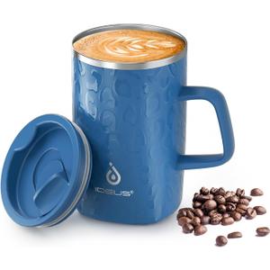 Ideus Vacuum Insulated Coffee Mug, 16oz Reusable Stainless Steel Thermal Double Walled cup with Handle and Slider Lid for Hot & Cold Beverages, BPA Free (Leapord Blue)