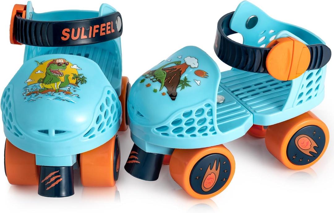 SULIFEEL Kids Adjustable Quad Roller Skates,Toddler Beginner Roller Skates for Girls and Boys Age 2-5 Years Old (Dinosaur Blue)