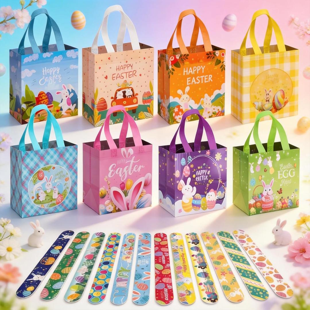 24 PCS Easter Bags with Handles Bulk, Reusable Easter Gift Bags with Handles, Non-Woven Easter Tote Bags, Foldable Waterproof Treat Bag for Egg Hunt, Extra with 24 PCS Easter Slap Bracelets
