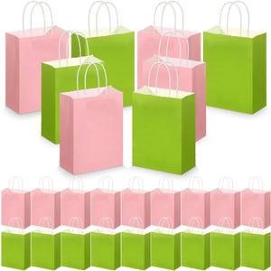 Kolldenn 24 Pcs Pink and Green Party Bags, Witch Paper Bags with Handle, Pink and Green Party Witch Theme Goodie Favors for Birthday Supplies