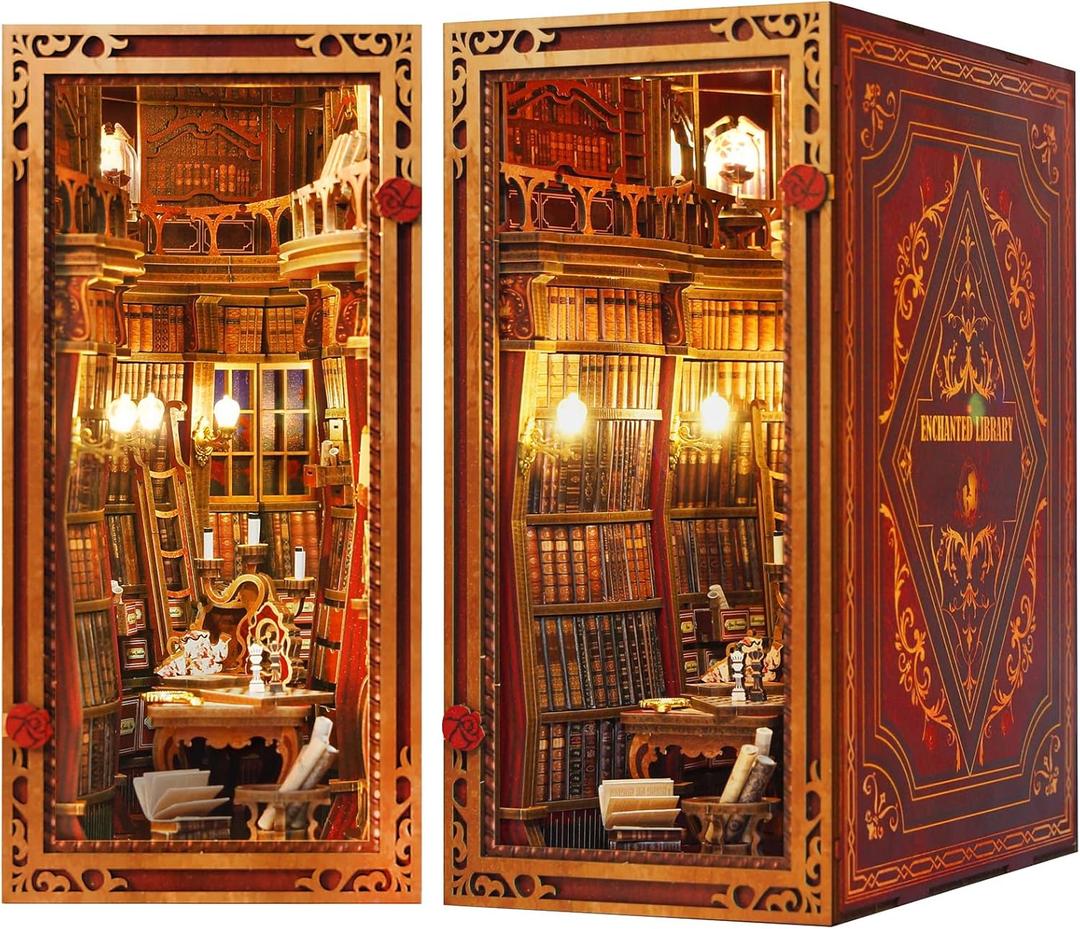 DIY Book Nook Kit, Beauty and The Beast, Dollhouse Miniature, Booknook Bookshelf Insert Decor Alley 3D Wooden Puzzle, Bookends Model Building Kit with LED Light for Adults, Enchanted Library